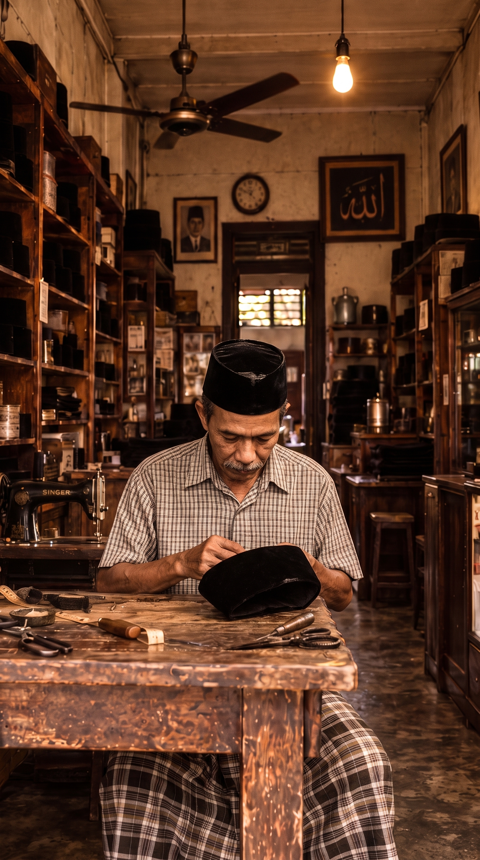 Ahmad stitching a black velvet songkok at his wooden workbench