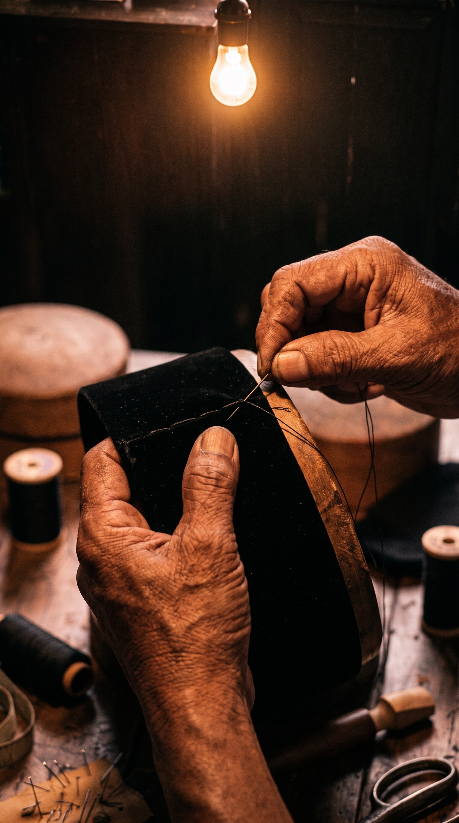 A craftsman’s hands drawing thread through black velvet